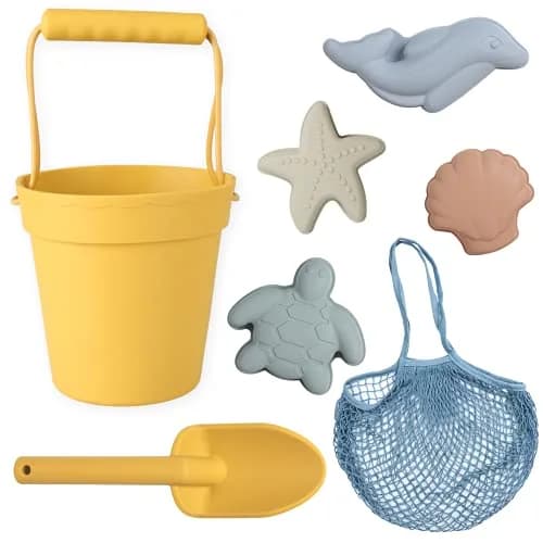 BLUE GINKGO Silicone Beach Toys, 7-Piece Set, Yellow | Soft, Travel-Friendly Sand Play thumbnail 1