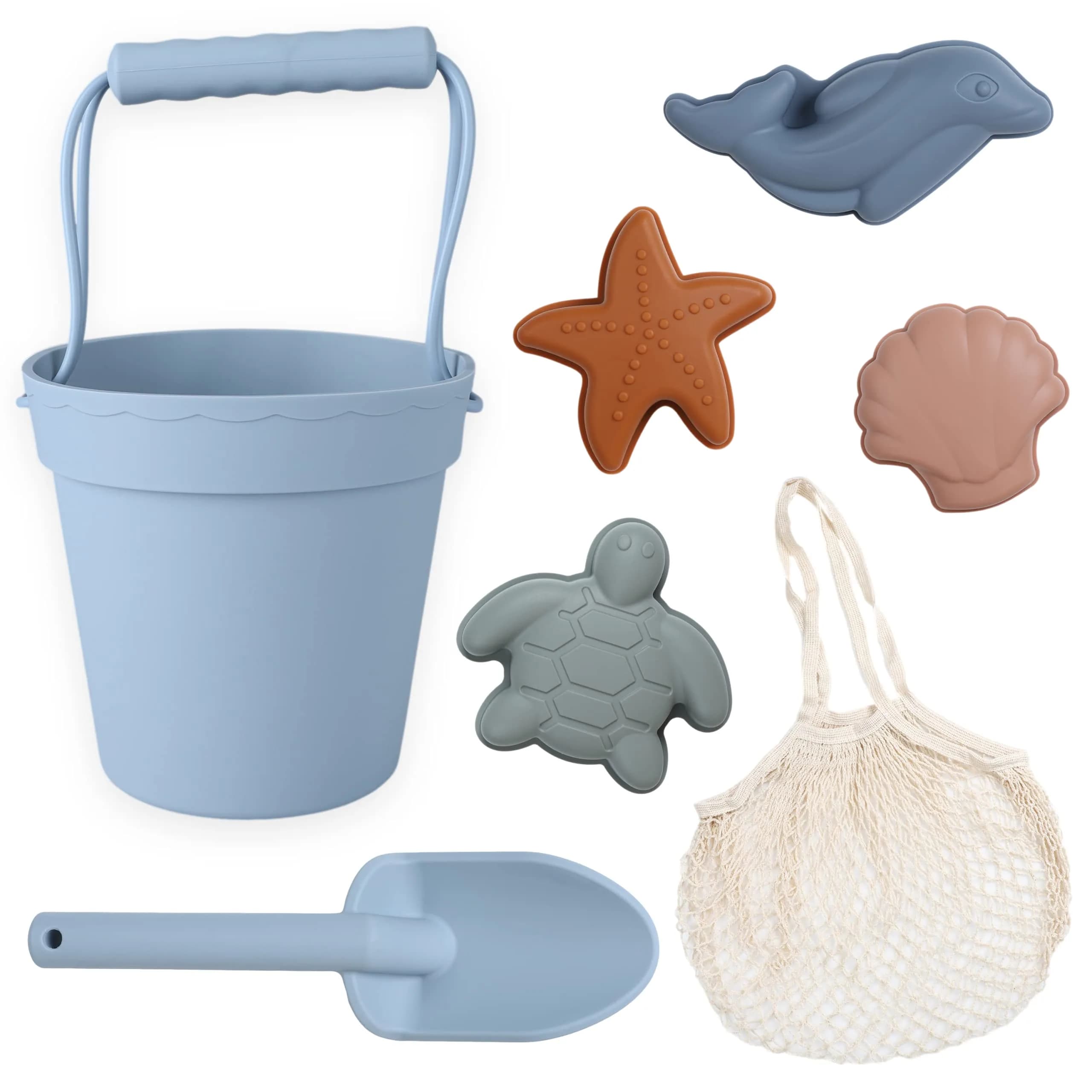 BLUE GINKGO Silicone Beach Toys, 7-Piece Set | Soft, Travel-Ready Sand Play for Kids