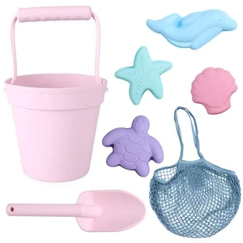 BLUE GINKGO Silicone Beach Toys, 7-Piece Set, Pink | Travel-Friendly, Soft Silicone Sand Play thumbnail 1