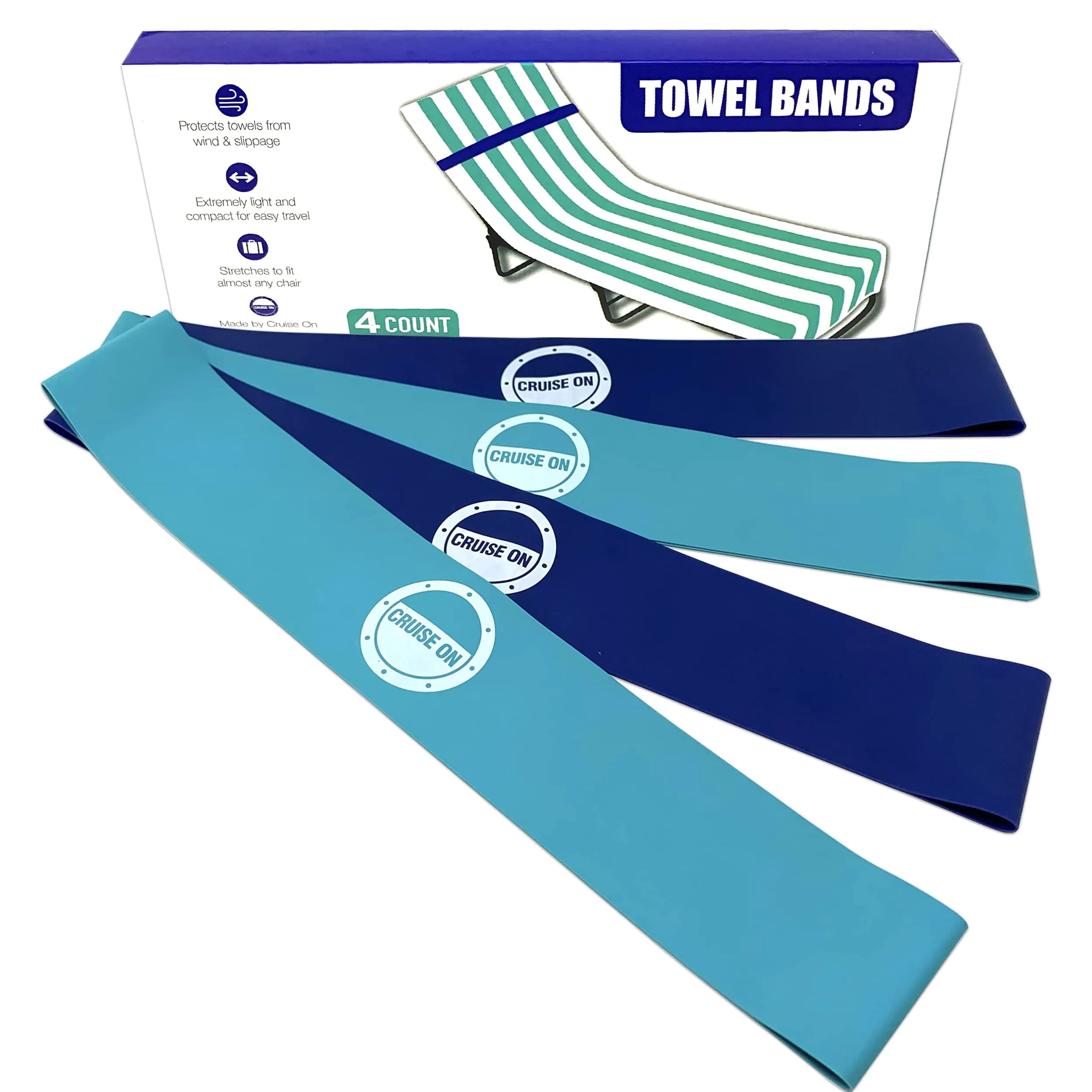 Cruise On Towel Bands for Cruise Chairs 4 Pack | Blue & Teal, Latex-Free, Lounge Use - main product image