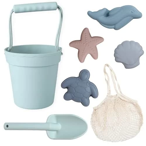 BLUE GINKGO Silicone Beach Toys, 7-Piece Sand Toy Set, Green | Soft, Flexible & Travel Ready for Kids thumbnail 1