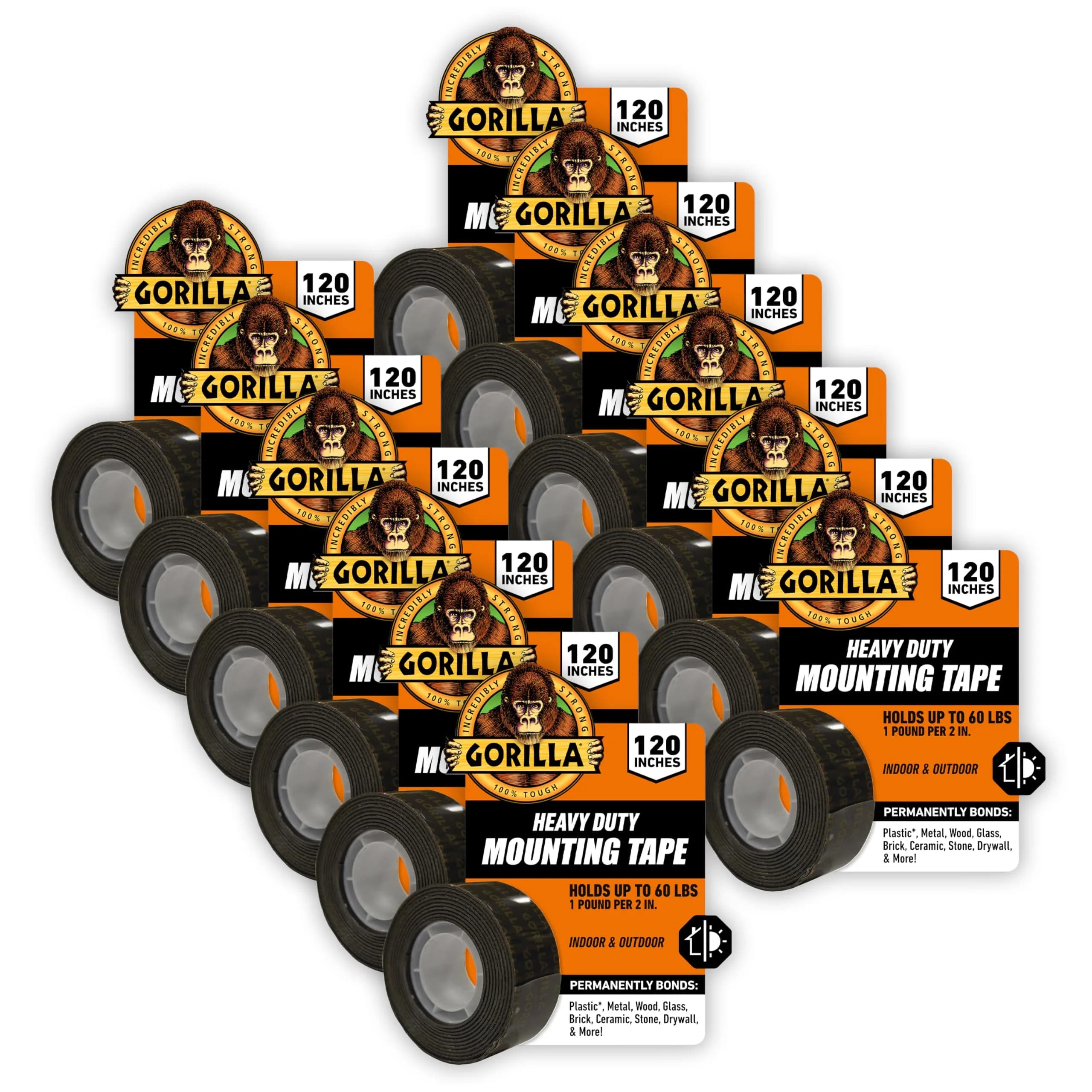 Gorilla Heavy Duty Double Sided Mounting Tape 1" x 120" (12-Pack, Clear) | Weatherproof Industrial Strength