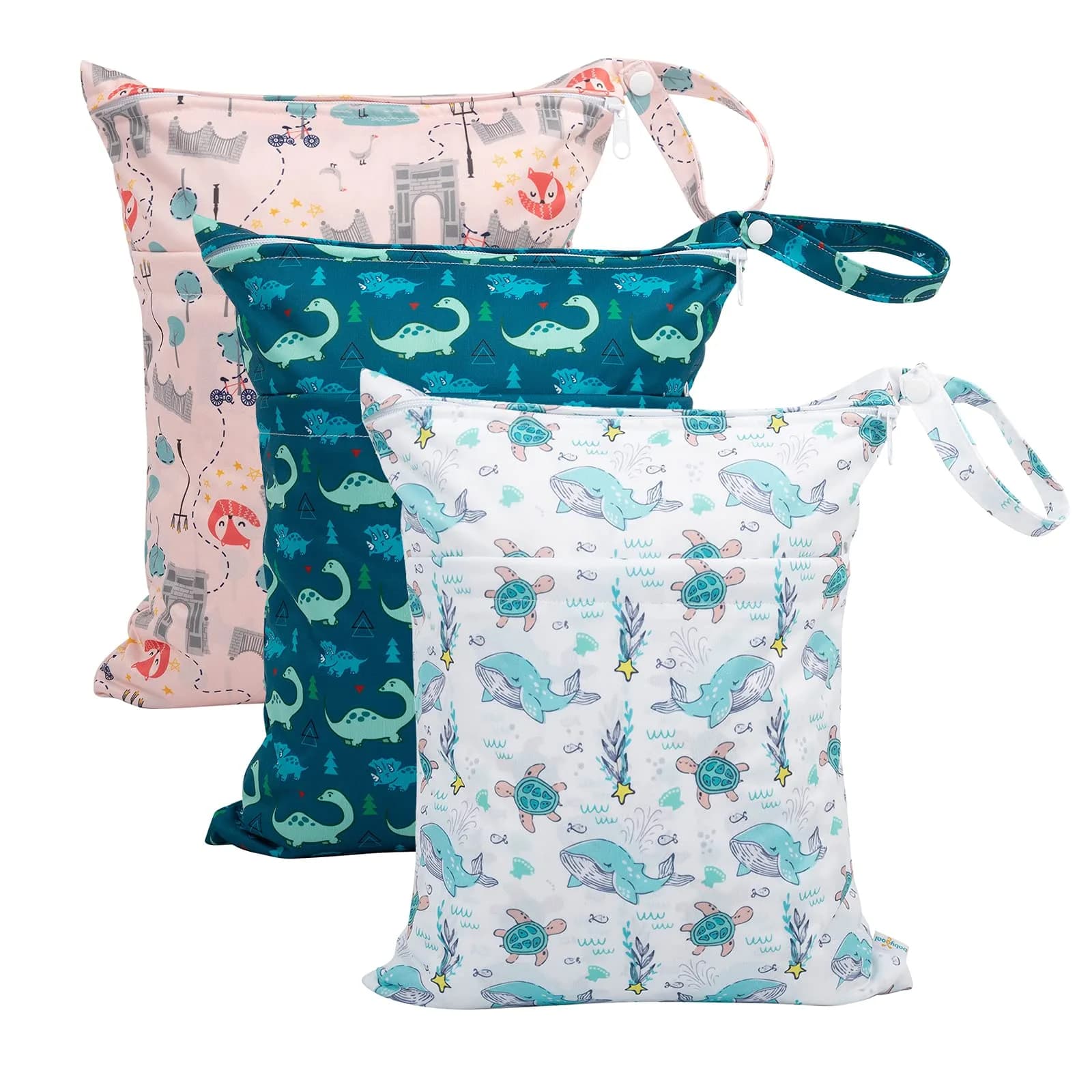 babygoal Wet Dry Bags 3 Pack | Waterproof Cloth Diaper Travel Bags with Two Zippered Pockets