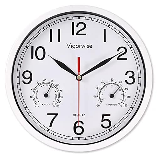 Vigorwise 8 Inch White Wall Clock Silent Wall Clocks with Temperature | Modern Home Decor with Thermo-Hygrometer thumbnail 1