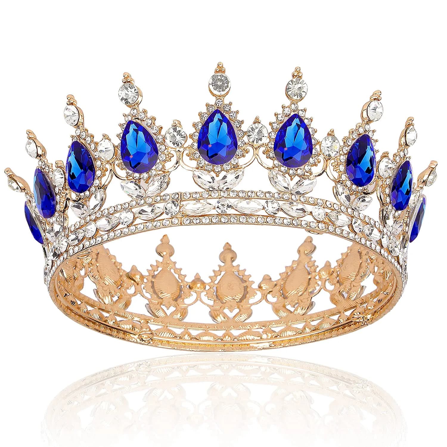 COCIDE Silver Crown for Women Crystal Wedding Tiara 4.9" Diameter | Dazzling Queen Headpiece for Special Occasions — G; Gold+Sapphire