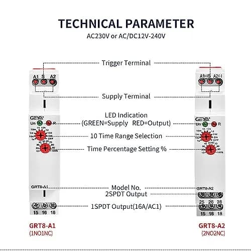 GEYA GRT8-A1 Single Function Delay On Timer Relay AC/DC12-240V, 16A Output | Reliable Electrical Timing Control thumbnail 5