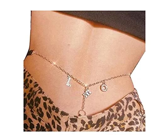 Guroenky Women Rhinestone G-Thong Panty Waist Chain | Sexy LEO Letter Body Chain thumbnail 2