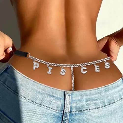 Guroenky Women Rhinestone 12 Constellation G-Thong | Adjustable Pisces Letter Underpants with Belly Chain thumbnail 2