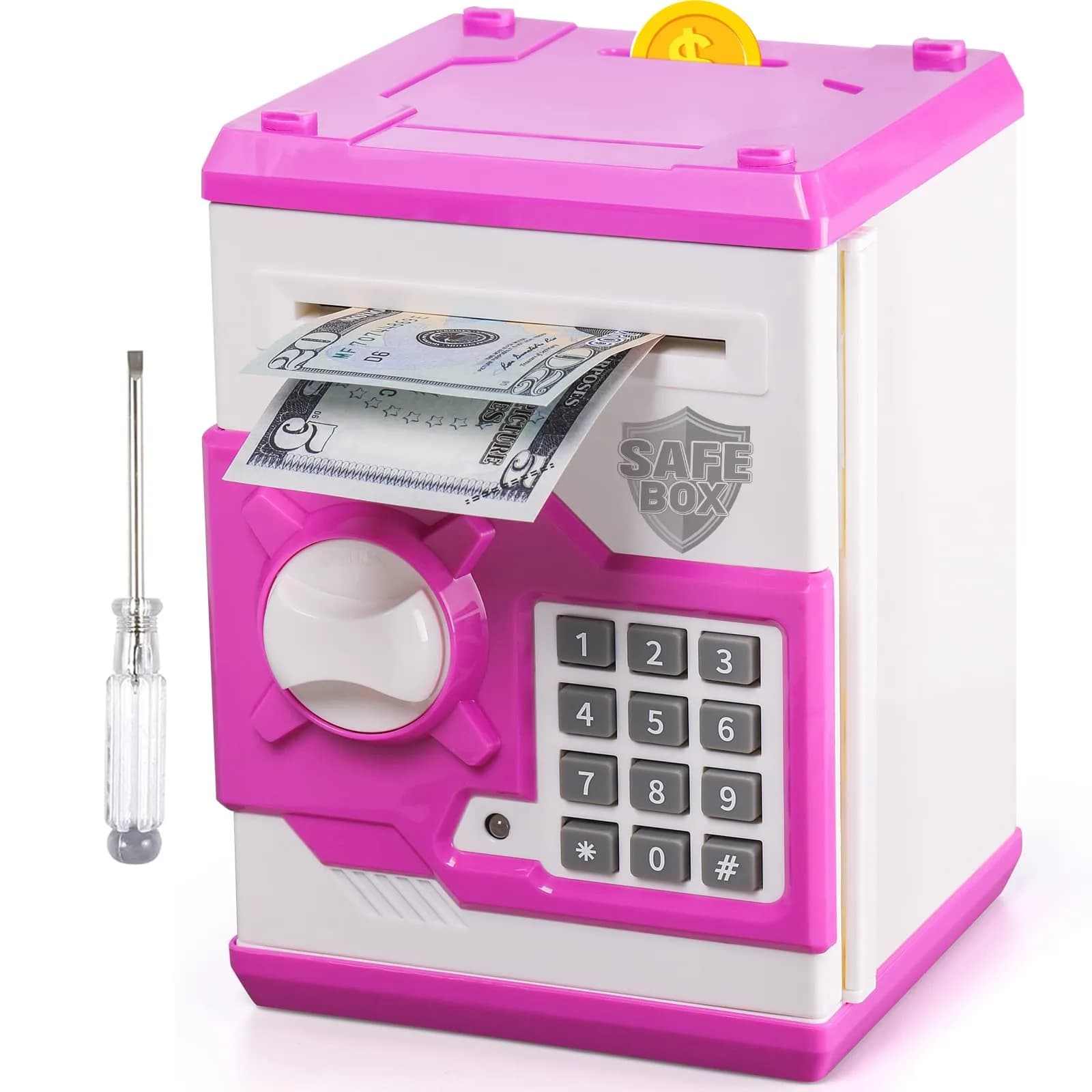 Vcertcpl ATM Piggy Bank for Boys Girls, Mini ATM Coin Bank Money Saving Box with Password, Kids Safe Money Jar for Adults with Auto Grab Bill Slot, Great Gift Toy Bank For Kids (Purple White) (1 Unit)
