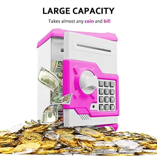 Vcertcpl ATM Piggy Bank for Boys Girls, Mini ATM Coin Bank Money Saving Box with Password, Kids Safe Money Jar for Adults with Auto Grab Bill Slot, Great Gift Toy Bank For Kids (Purple White) (1 Unit) thumbnail 4