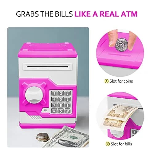 Vcertcpl ATM Piggy Bank for Boys Girls, Mini ATM Coin Bank Money Saving Box with Password, Kids Safe Money Jar for Adults with Auto Grab Bill Slot, Great Gift Toy Bank For Kids (Purple White) (1 Unit) thumbnail 6