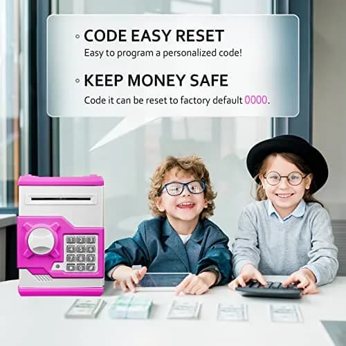 Vcertcpl ATM Piggy Bank for Boys Girls, Mini ATM Coin Bank Money Saving Box with Password, Kids Safe Money Jar for Adults with Auto Grab Bill Slot, Great Gift Toy Bank For Kids (Purple White) (1 Unit) thumbnail 2