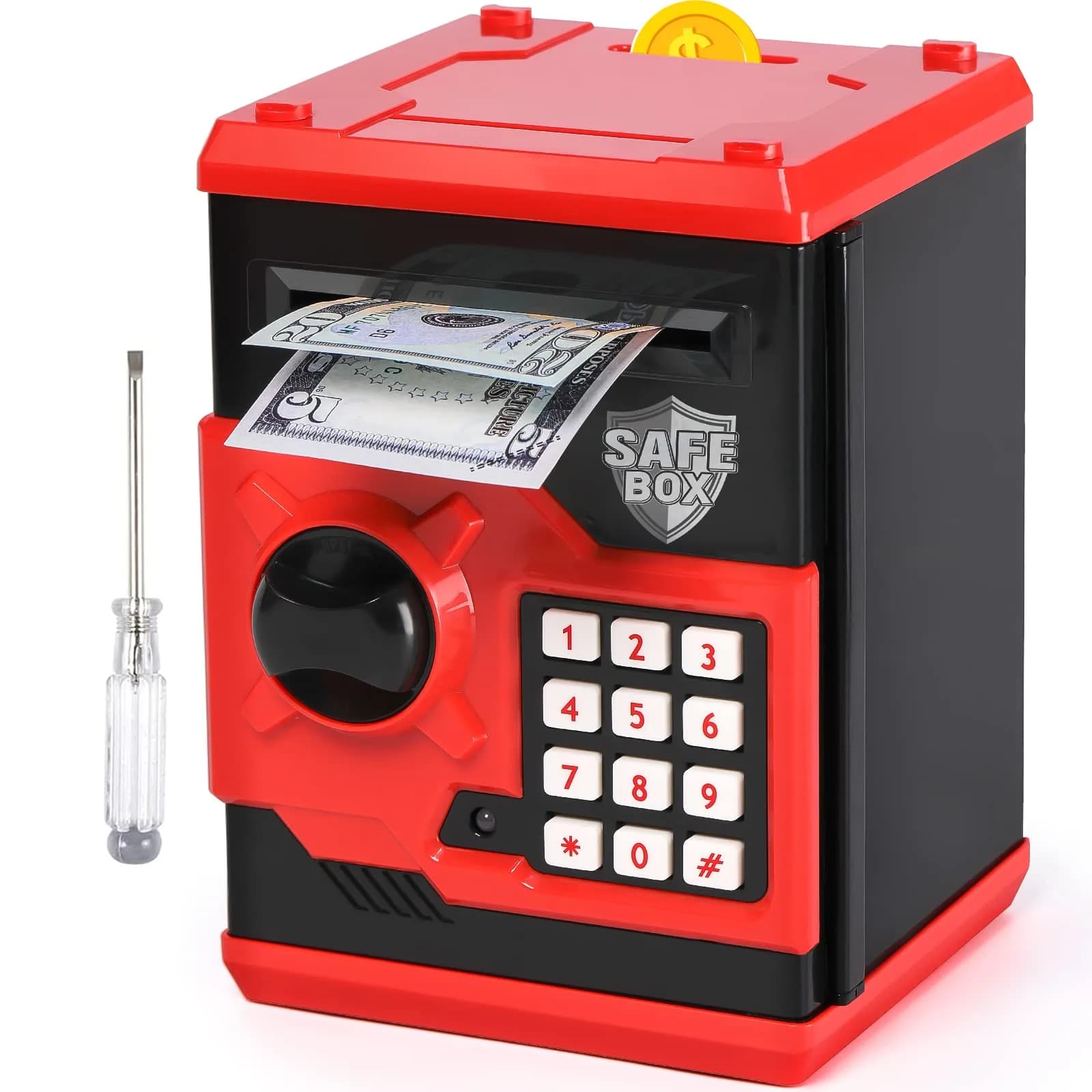 Vcertcpl Mini ATM Coin Bank Money Saving Box with Password | Kids Safe Money Jar for Boys Girls (Red+Black) - main product image