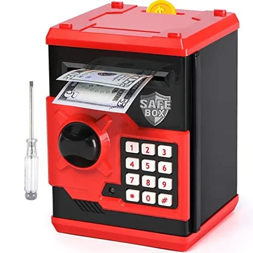 Vcertcpl Mini ATM Coin Bank Money Saving Box with Password | Kids Safe Money Jar for Boys Girls (Red+Black) thumbnail 1