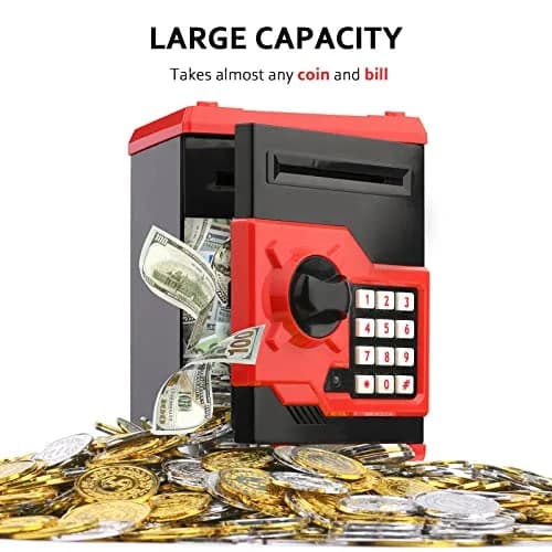 Vcertcpl Mini ATM Coin Bank Money Saving Box with Password | Kids Safe Money Jar for Boys Girls (Red+Black) thumbnail 4