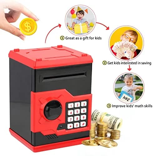 Vcertcpl Mini ATM Coin Bank Money Saving Box with Password | Kids Safe Money Jar for Boys Girls (Red+Black) thumbnail 5
