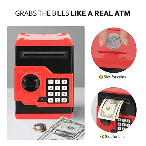 Vcertcpl Mini ATM Coin Bank Money Saving Box with Password | Kids Safe Money Jar for Boys Girls (Red+Black) thumbnail 6