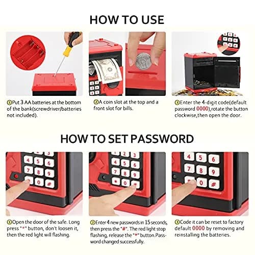 Vcertcpl Mini ATM Coin Bank Money Saving Box with Password | Kids Safe Money Jar for Boys Girls (Red+Black) thumbnail 8
