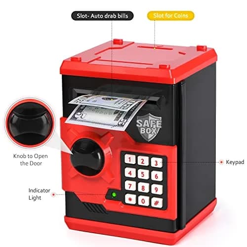 Vcertcpl Mini ATM Coin Bank Money Saving Box with Password | Kids Safe Money Jar for Boys Girls (Red+Black) thumbnail 3