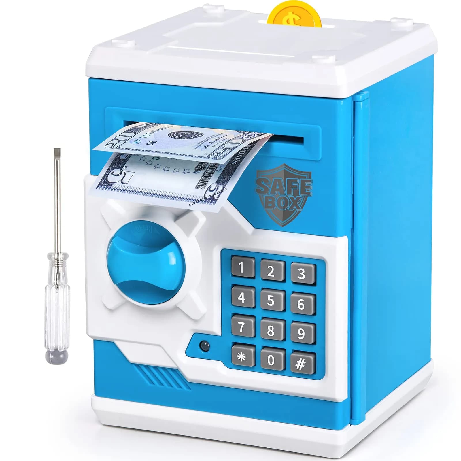 Vcertcpl ATM Piggy Bank for Boys Girls, Mini ATM Coin Bank Money Saving Box with Password, Kids Safe Money Jar for Adults with Auto Grab Bill Slot, Great Gift Toy Bank For Kids (Purple White) (1 Unit) — Blue