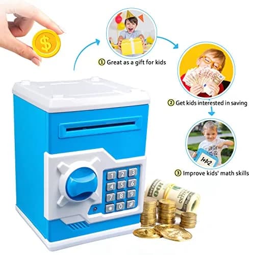 Vcertcpl ATM Piggy Bank for Boys Girls | Safe Coin Bank with Password, Large Capacity, Blue thumbnail 5