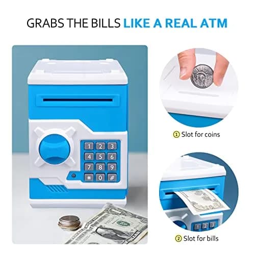 Vcertcpl ATM Piggy Bank for Boys Girls | Safe Coin Bank with Password, Large Capacity, Blue thumbnail 6