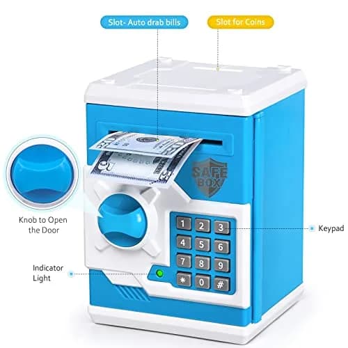 Vcertcpl ATM Piggy Bank for Boys Girls | Safe Coin Bank with Password, Large Capacity, Blue thumbnail 3