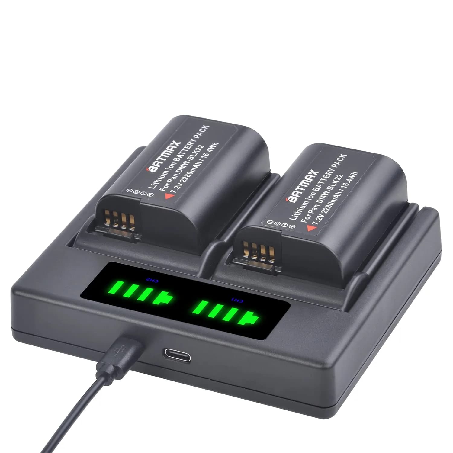 Batmax DMW-BLK22 Battery 2280mAh (7.2V) & Dual USB Charger Set | CE Certified for Panasonic Lumix DC-S5, GH6, GH5 II — Black