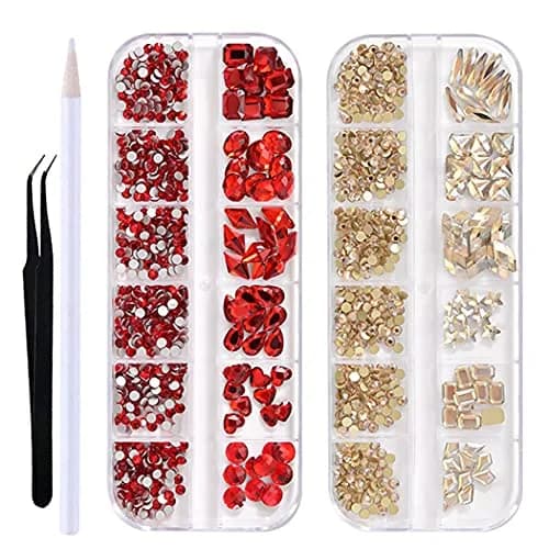 WOKOTO Champagne & Red Nail Rhinestones Set with Tools | Flat Back Glass Crystals for Acrylic Nails (2 Boxes + Tools) thumbnail 1