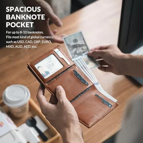 VULKIT Card Holder Wallet with Coin Pocket & ID Window | Pop Up Cards, RFID Blocking, Genuine Leather, Brown thumbnail 4