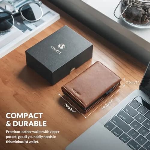 VULKIT Card Holder Wallet with Coin Pocket & ID Window | Pop Up Cards, RFID Blocking, Genuine Leather, Brown thumbnail 6
