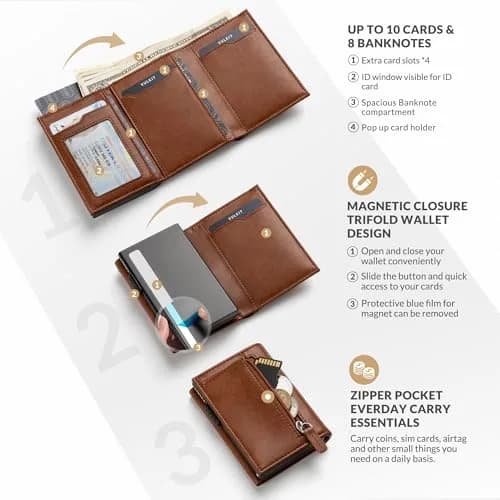 VULKIT Card Holder Wallet with Coin Pocket & ID Window | Pop Up Cards, RFID Blocking, Genuine Leather, Brown thumbnail 2