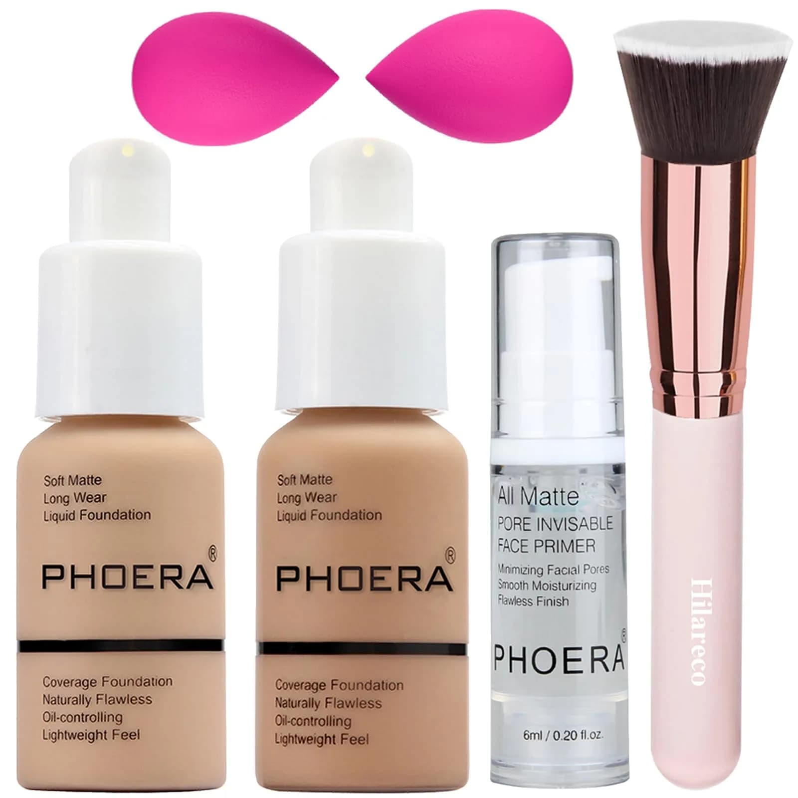 PHOERA Foundation & Primer Set with Kabuki Brushes & Sponges (Buff Beige + Sand) | Full Coverage Matte Finish — 104+105/Buff Beige + Sand