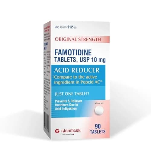 Glenmark Therapeutics Famotidine Tablets 10 mg | Acid Reducer for Heartburn Relief, 90 Count thumbnail 1