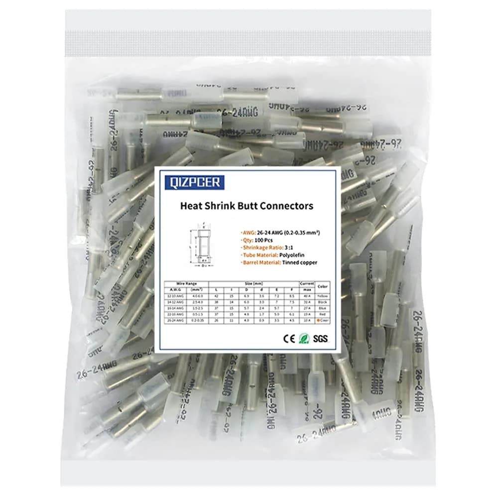Qizpcer Blue Heat Shrink Butt Connectors 100 Pcs | 16-14 AWG Waterproof Electrical Crimp Wire Splice for Marine, Cable, Wiring — 26-24 AWG