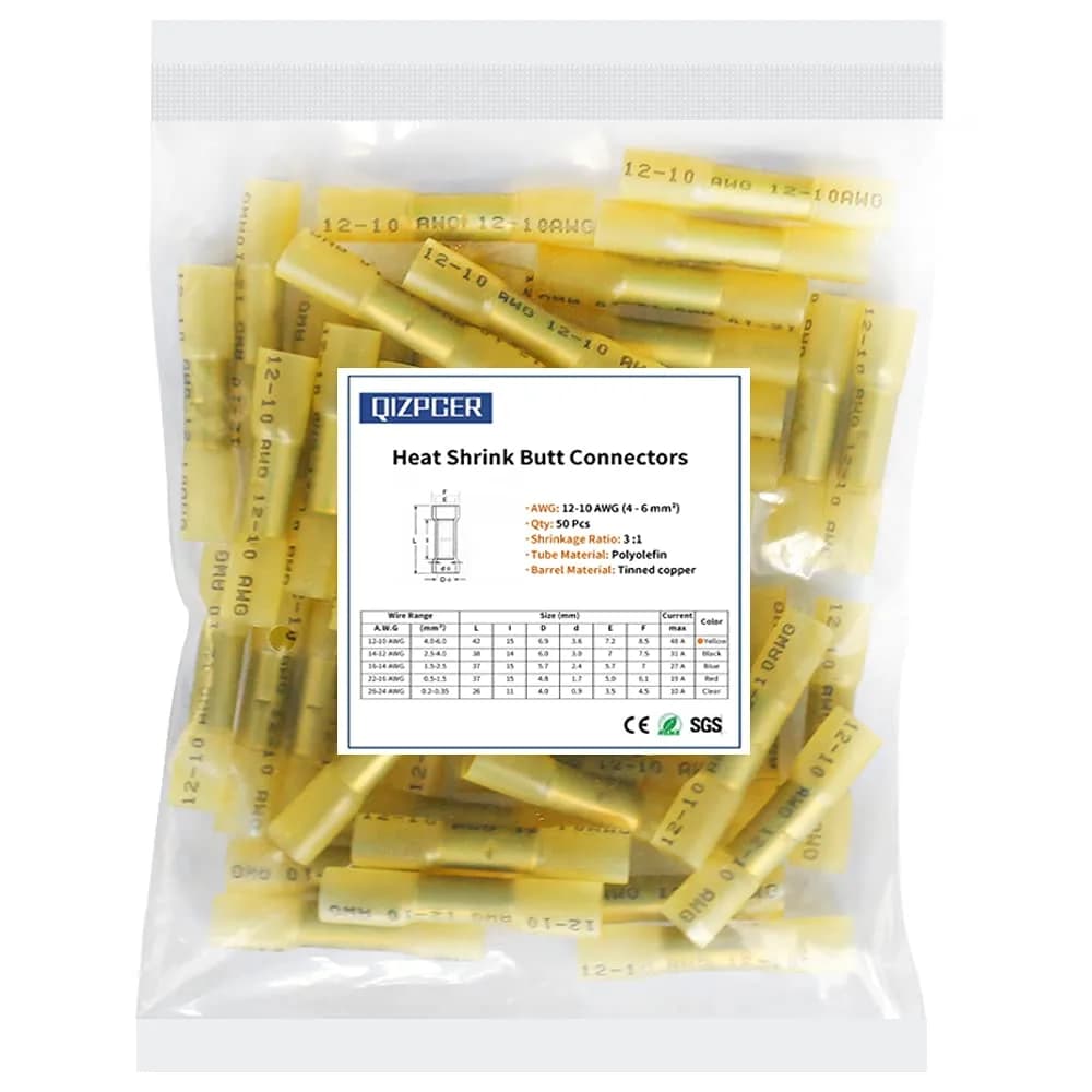 Qizpcer Blue Heat Shrink Butt Connectors 100 Pcs | 16-14 AWG Waterproof Electrical Crimp Wire Splice for Marine, Cable, Wiring — 12-10 AWG