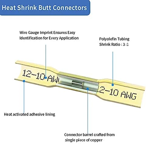 Qizpcer Yellow Heat Shrink Butt Connectors 12-10 AWG (50 Pcs) | Waterproof Crimp Terminals for Marine & Electrical thumbnail 3