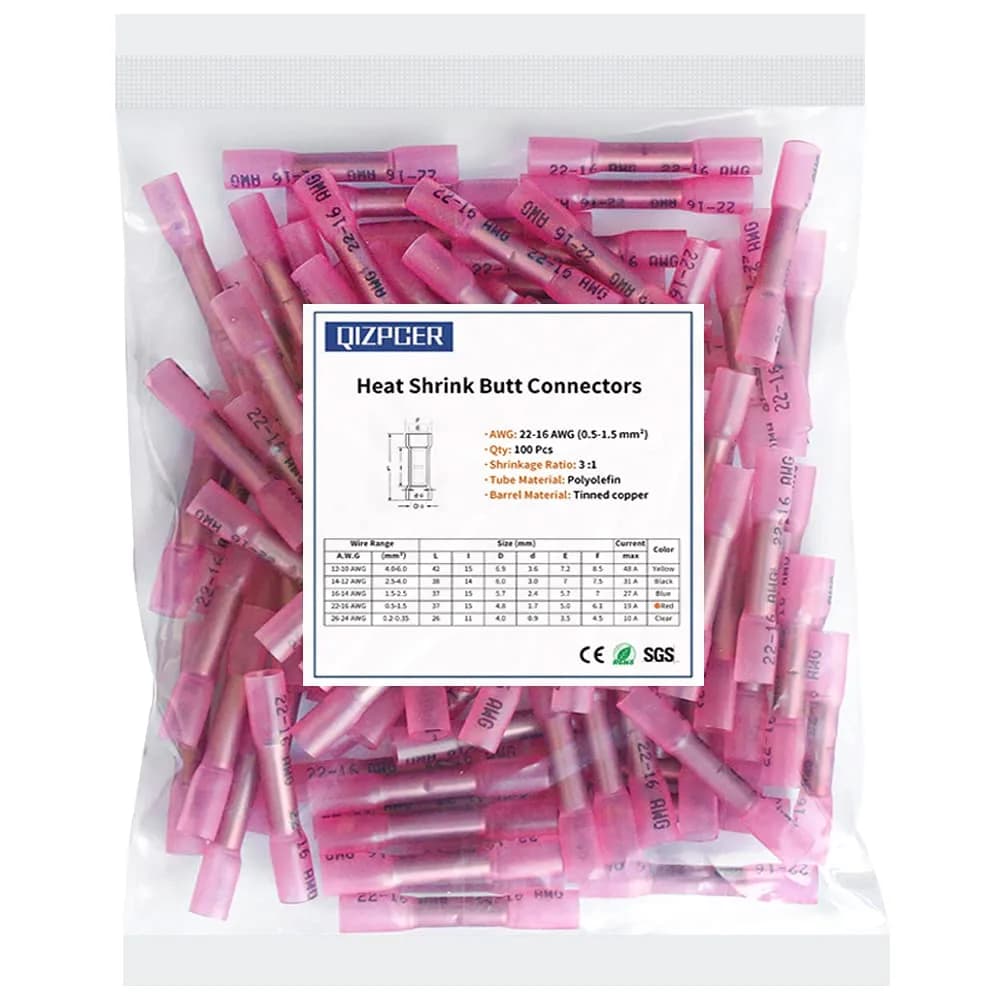 Qizpcer Blue Heat Shrink Butt Connectors 100 Pcs | 16-14 AWG Waterproof Electrical Crimp Wire Splice for Marine, Cable, Wiring — 22-16 AWG