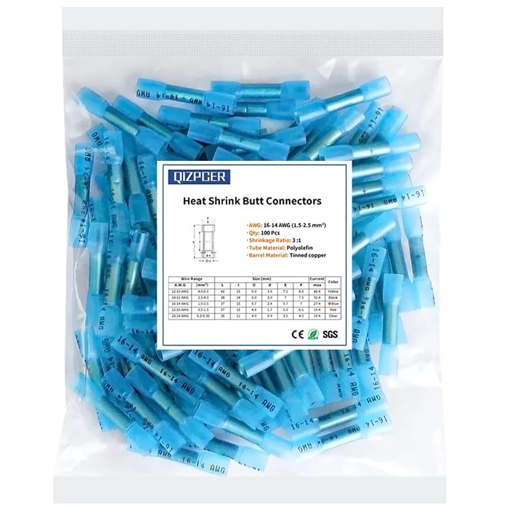 Qizpcer Blue Heat Shrink Butt Connectors 100 Pcs | 16-14 AWG Waterproof Electrical Crimp Wire Splice for Marine, Cable, Wiring - main product image