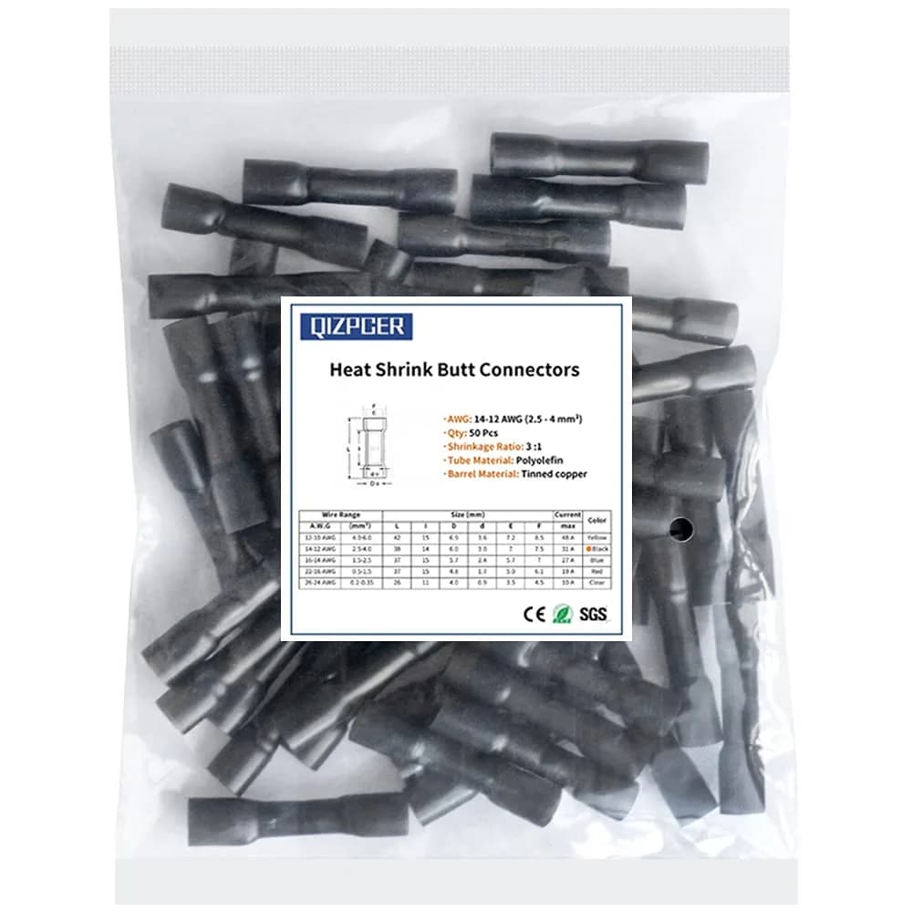Qizpcer Black Heat Shrink Butt Connectors 50Pcs 14-12 AWG (2.5-4 mm²) | Waterproof Marine Grade Crimp Wire Splices