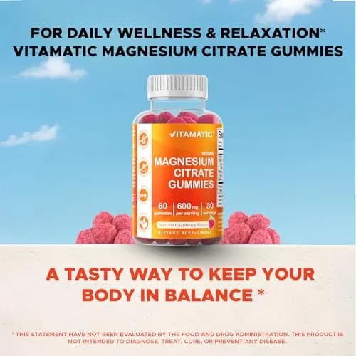 Vitamatic Magnesium Citrate Gummies 600 mg | Vegan Raspberry Flavor | 60 Gummies thumbnail 6