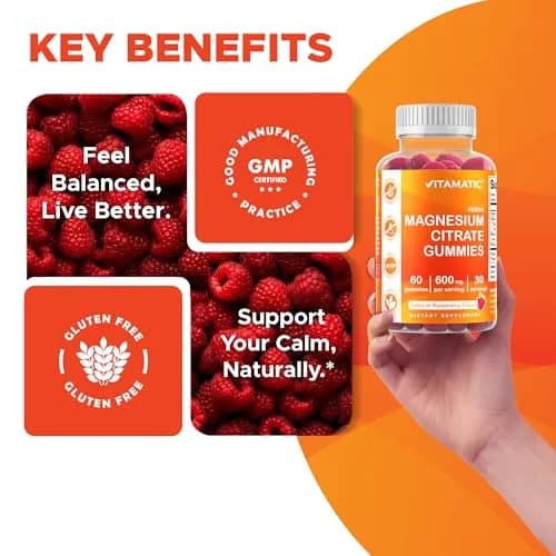 Vitamatic Magnesium Citrate Gummies 600 mg | Vegan Raspberry Flavor | 60 Gummies thumbnail 7