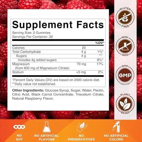 Vitamatic Magnesium Citrate Gummies 600 mg | Vegan Raspberry Flavor | 60 Gummies thumbnail 2
