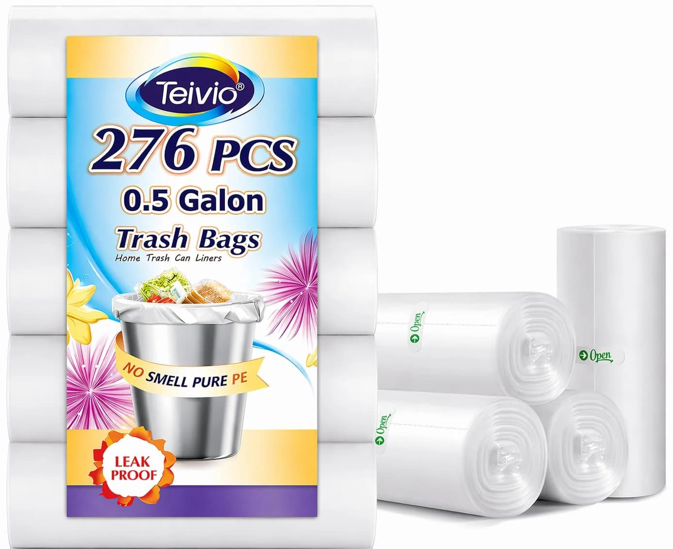 Teivio Small Trash Bags 2.6 Gal | HDPE Garbage Bags for Home & Office, 220 Count, Clear — 250-0.5 Gallon