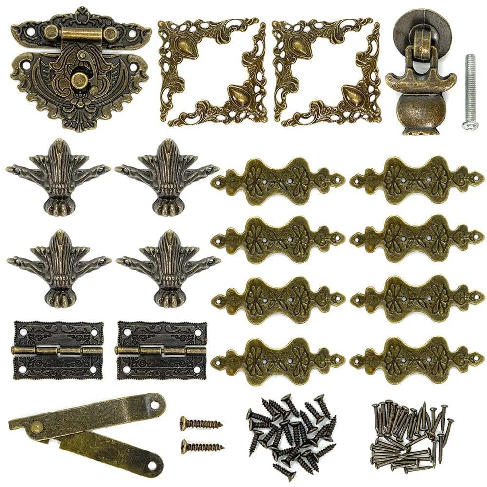 QINIZX Retro Jewelry Box Hardware Set with Hasp Latch, Hinges, and Corner Protectors (Vintage Bronze) - main product image
