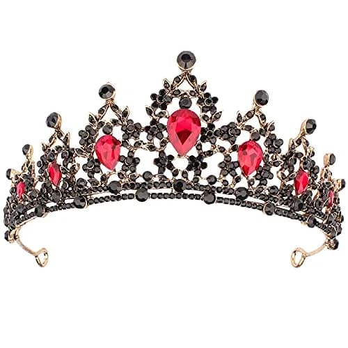 CAVETEE Black Crown for Women Halloween Party Favors 15cm | Luxurious Red Rhinestones Tiara thumbnail 1