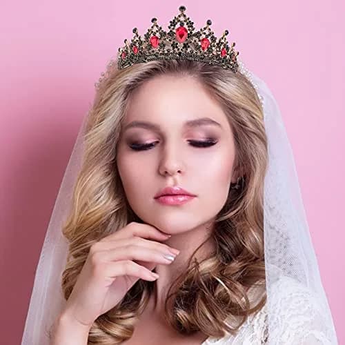 CAVETEE Black Crown for Women Halloween Party Favors 15cm | Luxurious Red Rhinestones Tiara thumbnail 7