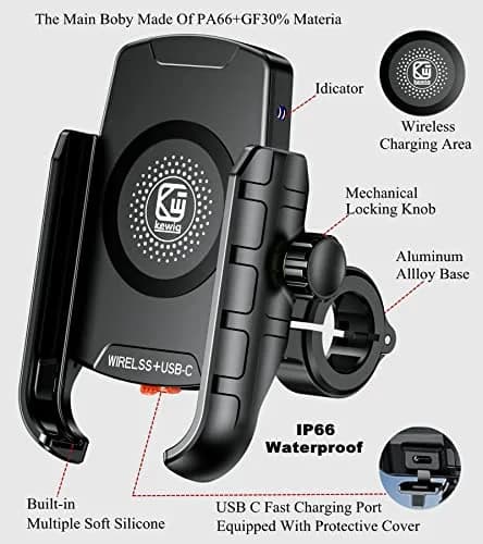 BRCOVAN Motorcycle Phone Mount Holder with Wireless & USB-C Charger 310g (0.68lb) | IP66 Waterproof, 15W Wireless & 20W PD Charging thumbnail 3