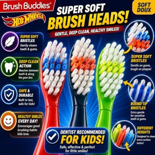 Brush Buddies Hot Wheels Manual Toothbrushes for Kids 3 Pack | Soft Bristles, Fun Multi-Colored Designs, Anti-Slip Handles, Perfect for Toddlers & Travel thumbnail 2