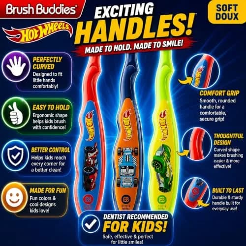 Brush Buddies Hot Wheels Manual Toothbrushes for Kids 3 Pack | Soft Bristles, Fun Multi-Colored Designs, Anti-Slip Handles, Perfect for Toddlers & Travel thumbnail 3